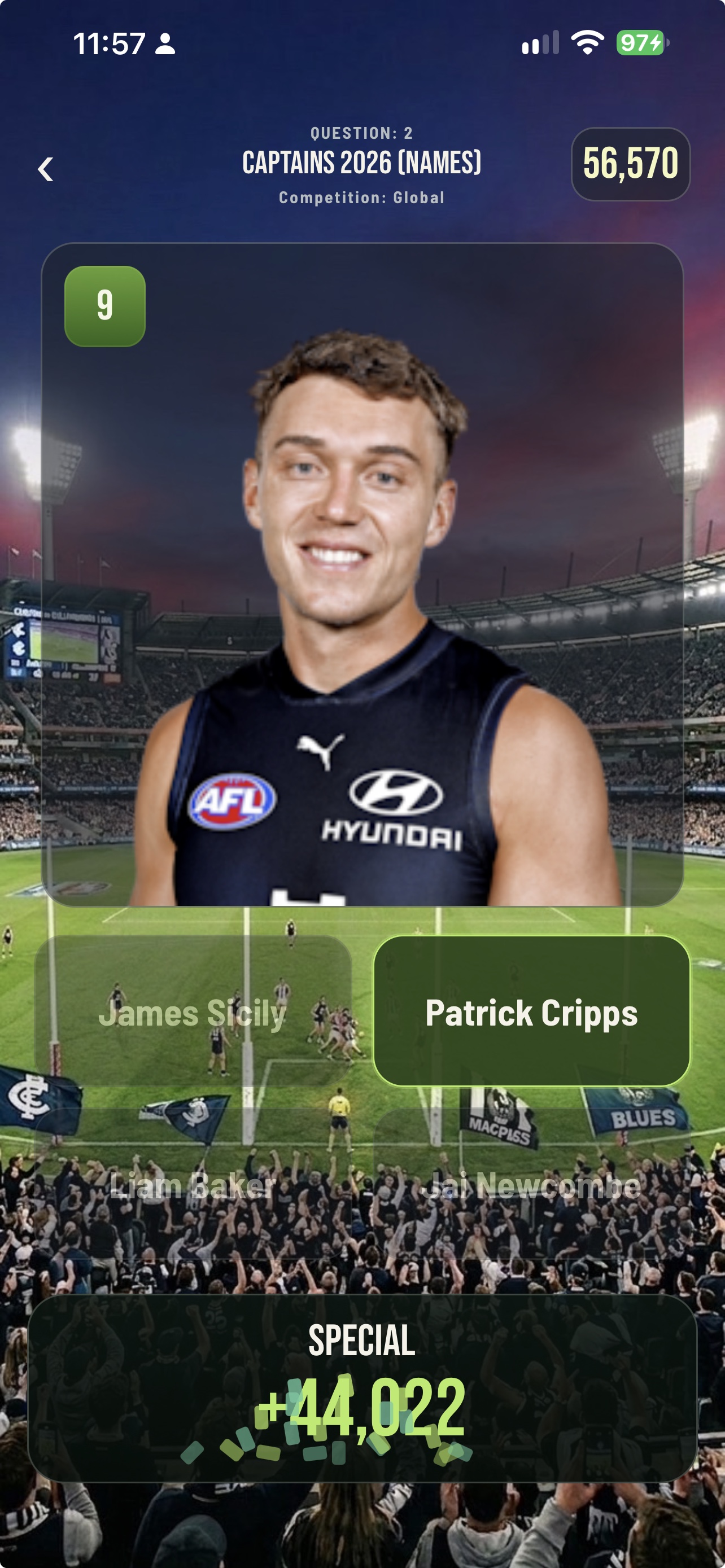 Footy Faces gameplay: a player photo with four name choices and Patrick Cripps selected as the correct answer